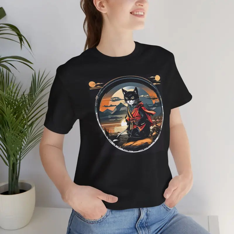 Cat Samurai Short Sleeve Tee - Japanese Sunset Design - DipaliZ