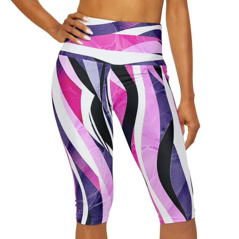 Abstract Pink Blue Striped Yoga Capri Leggings - DipaliZ