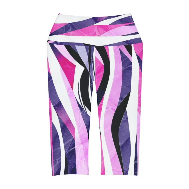 Abstract Pink Blue Striped Yoga Capri Leggings - DipaliZ