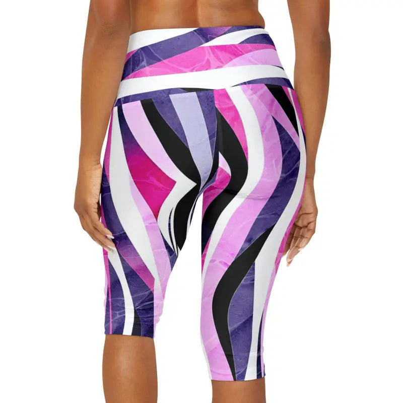 Abstract Pink Blue Striped Yoga Capri Leggings - DipaliZ