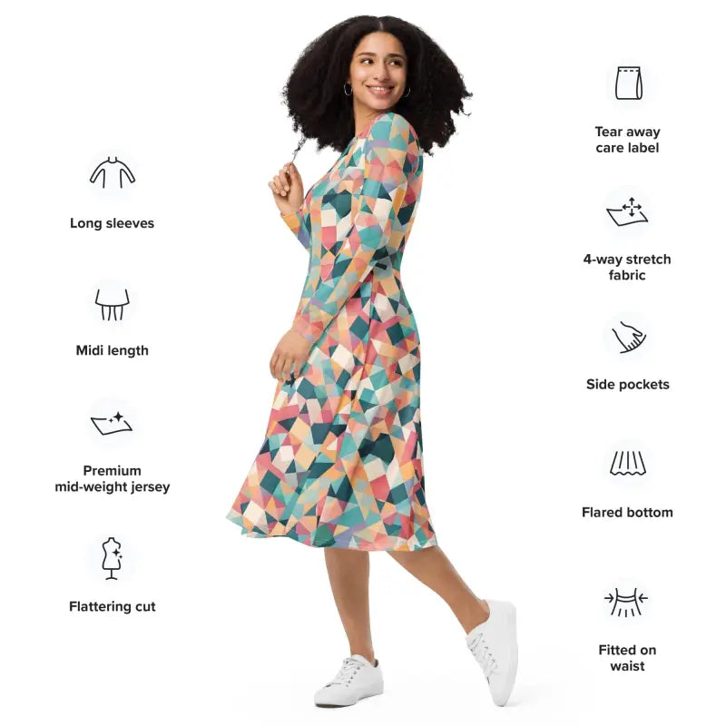 Long Sleeve Midi Dress - Pastel Geometrical Shapes - DipaliZ