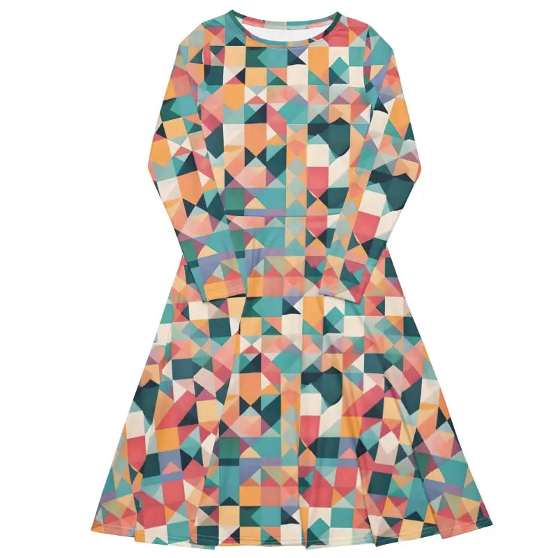 Long Sleeve Midi Dress - Pastel Geometrical Shapes - DipaliZ