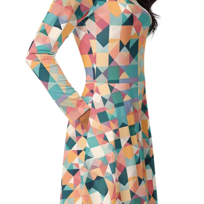 Long Sleeve Midi Dress - Pastel Geometrical Shapes - DipaliZ