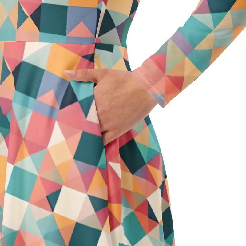 Long Sleeve Midi Dress - Pastel Geometrical Shapes - DipaliZ