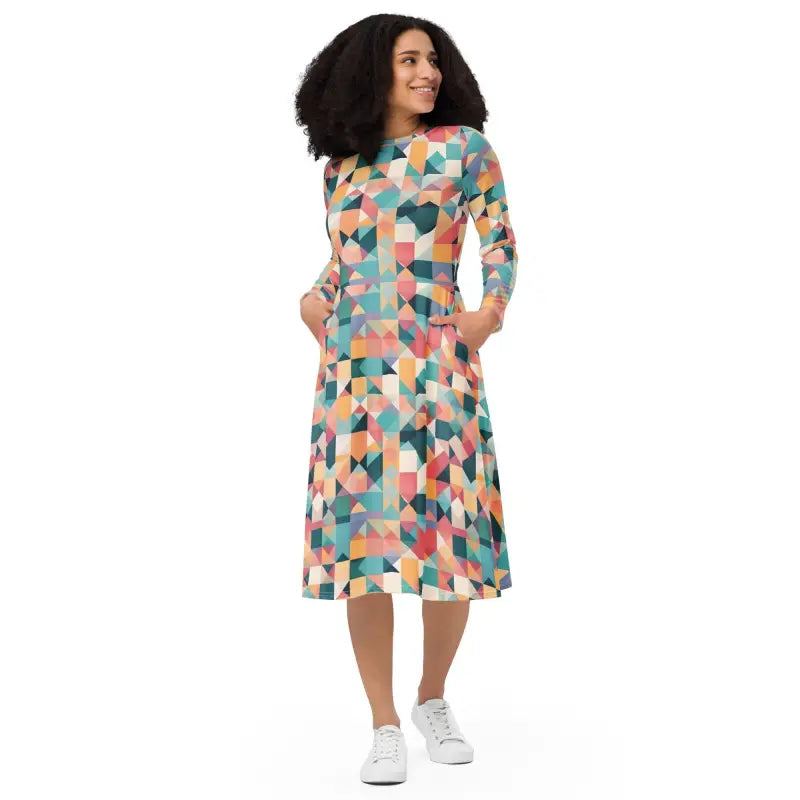 Long Sleeve Midi Dress - Pastel Geometrical Shapes - DipaliZ