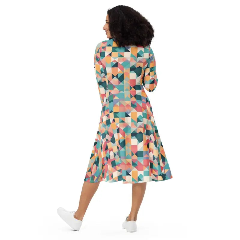 Long Sleeve Midi Dress - Pastel Geometrical Shapes - DipaliZ