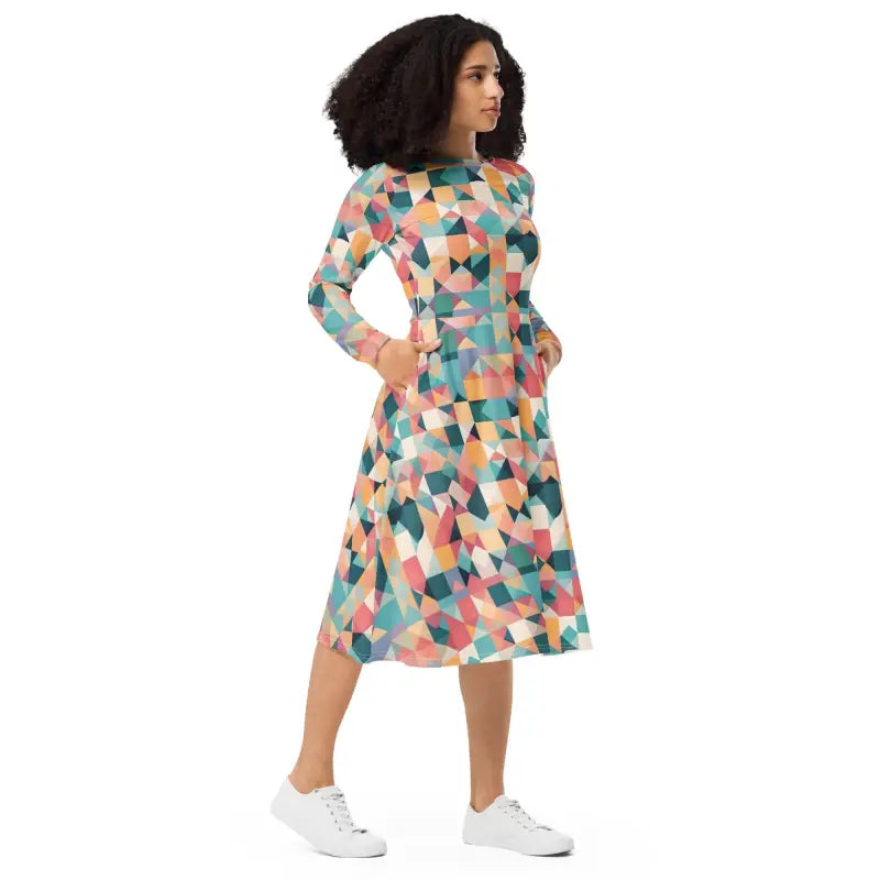 Long Sleeve Midi Dress - Pastel Geometrical Shapes - DipaliZ