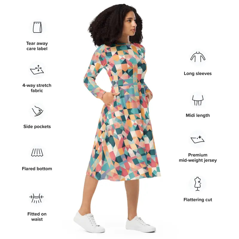 Long Sleeve Midi Dress - Pastel Geometrical Shapes - DipaliZ