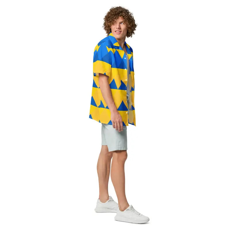 Yellow Blue Geometric Pattern Button Shirt - Unisex - DipaliZ
