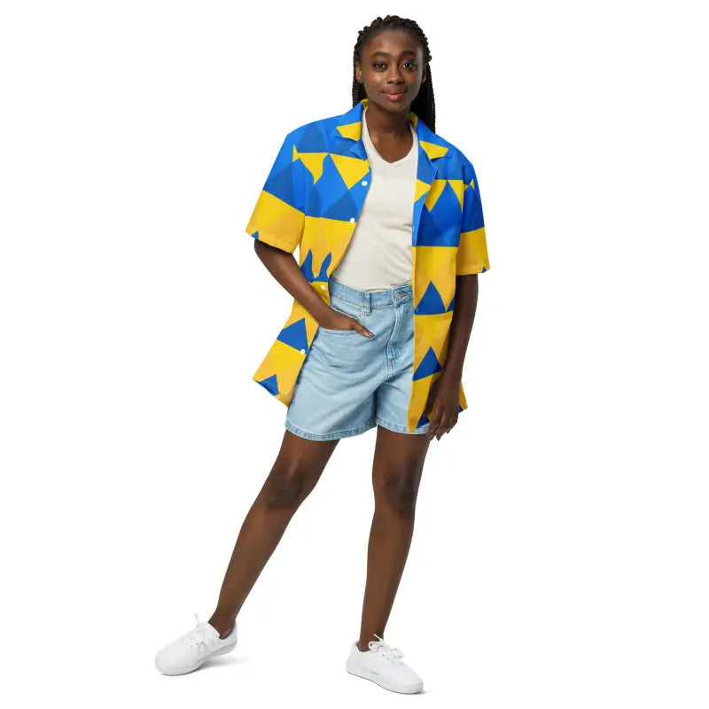 Yellow Blue Geometric Pattern Button Shirt - Unisex - DipaliZ