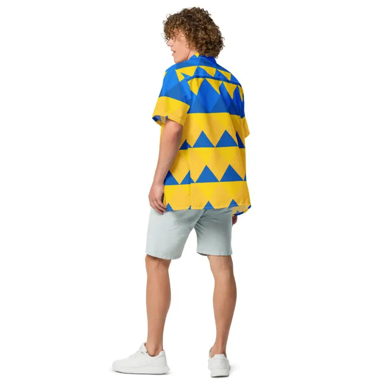 Yellow Blue Geometric Pattern Button Shirt - Unisex - DipaliZ