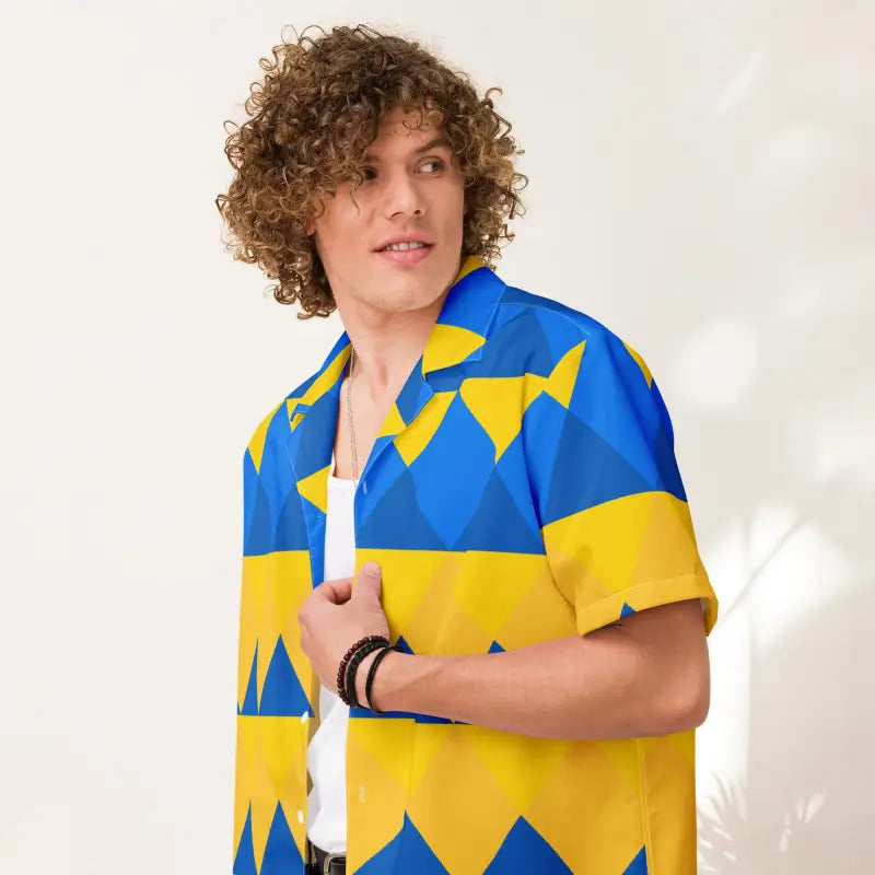Yellow Blue Geometric Pattern Button Shirt - Unisex - DipaliZ