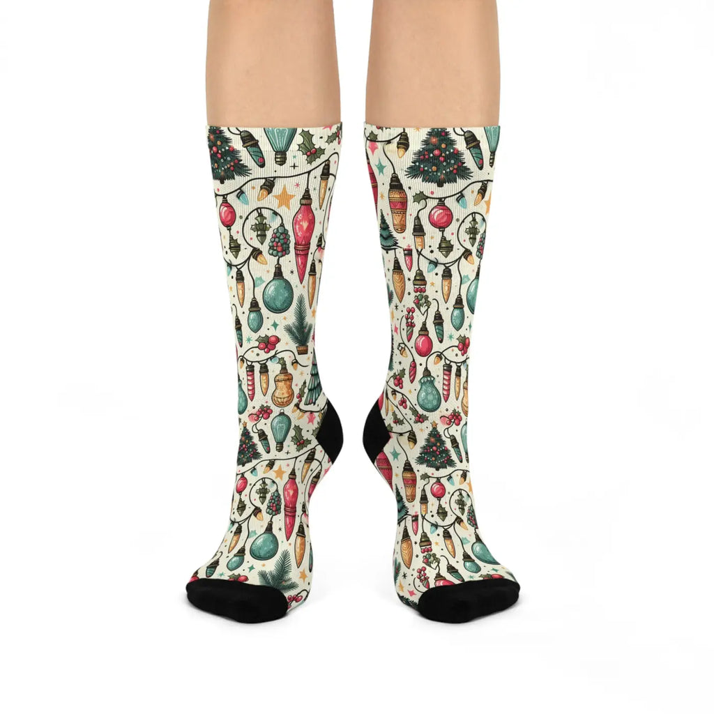 Cushioned Christmas Lights Crew Socks - Festive Comfort - DipaliZ