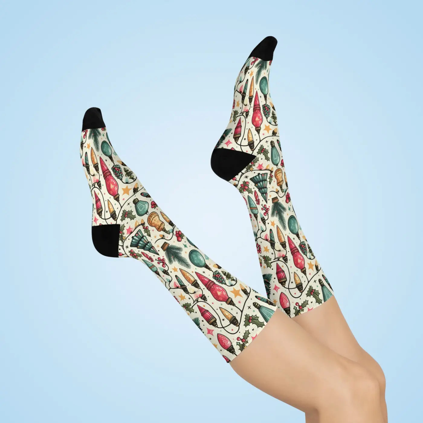 Cushioned Christmas Lights Crew Socks - Festive Comfort - DipaliZ