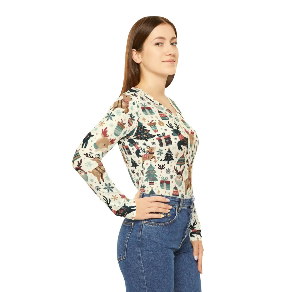 Long Sleeve Christmas Reindeer Tree Pattern Top - DipaliZ