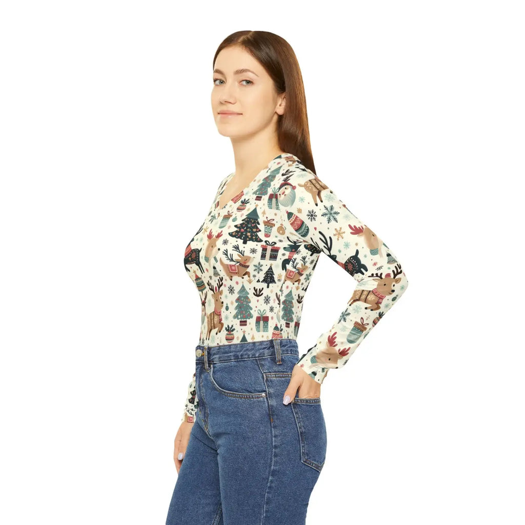 Long Sleeve Christmas Reindeer Tree Pattern Top - DipaliZ