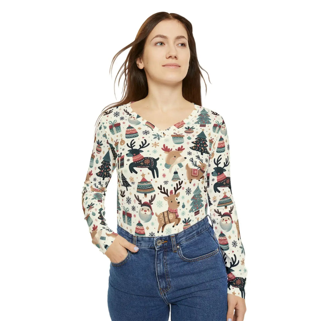 Long Sleeve Christmas Reindeer Tree Pattern Top - DipaliZ