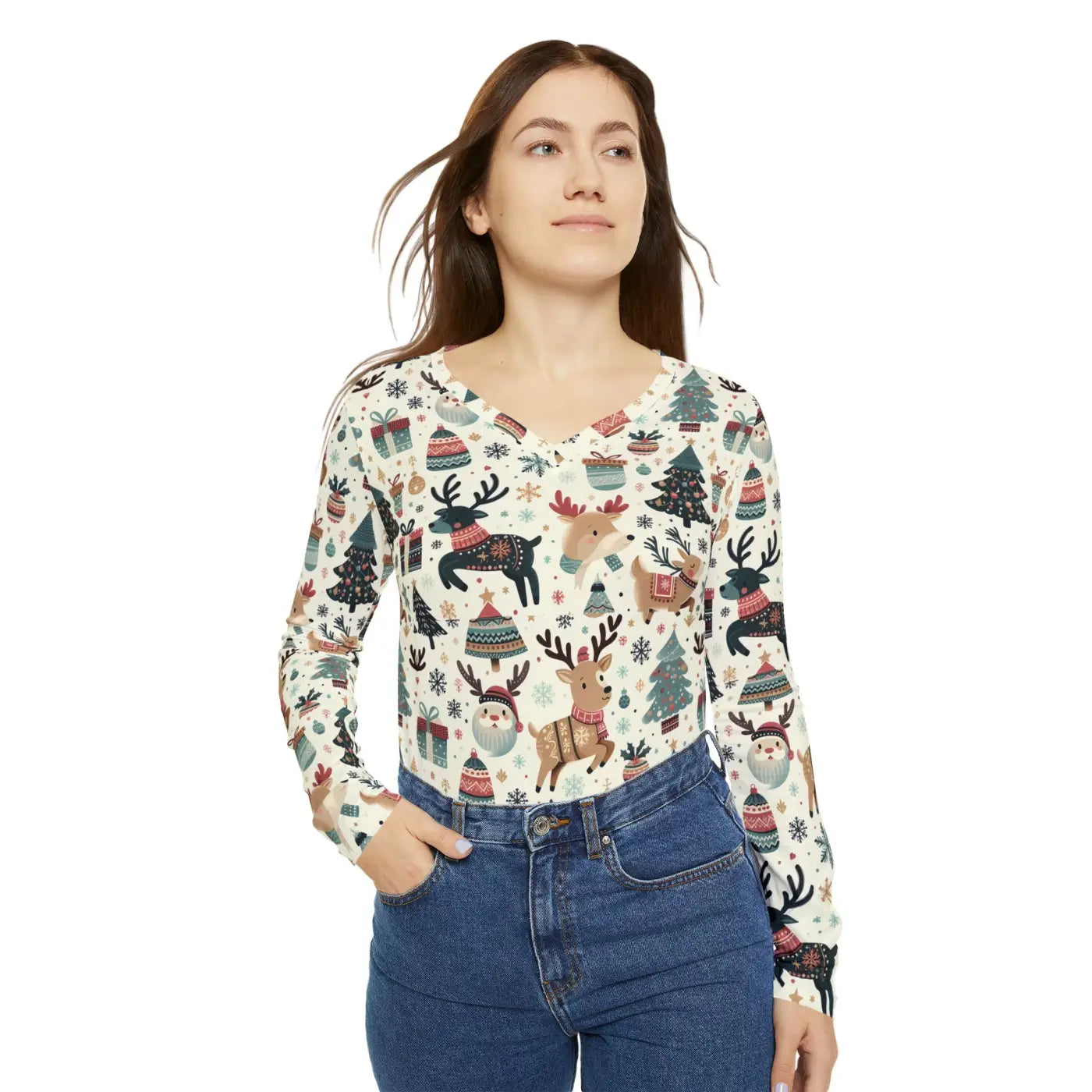 Long Sleeve Christmas Reindeer Tree Pattern Top - DipaliZ
