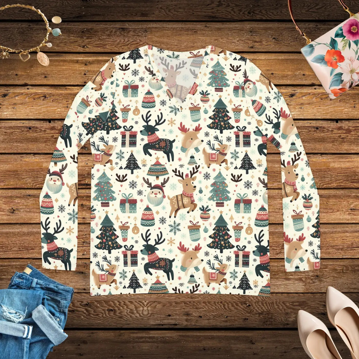 Long Sleeve Christmas Reindeer Tree Pattern Top - DipaliZ