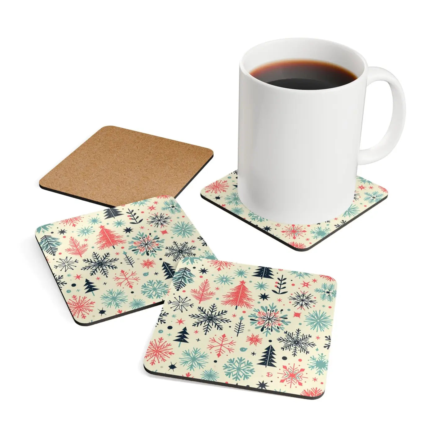 Festive Christmas Snowflake Corkwood Coaster Set - DipaliZ