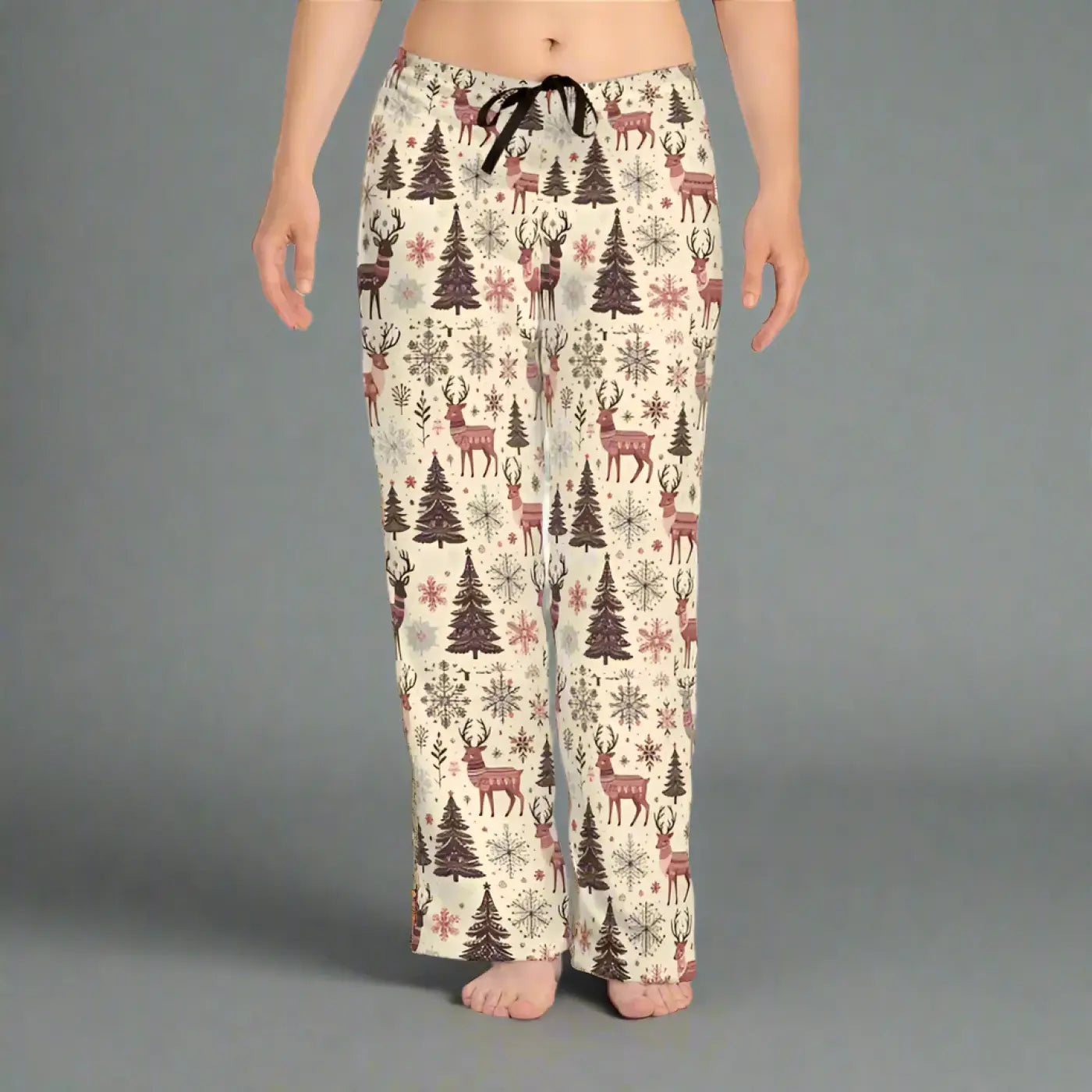 Festive Pajama Pants - Reindeer Pattern Polyester Jersey Knit - DipaliZ