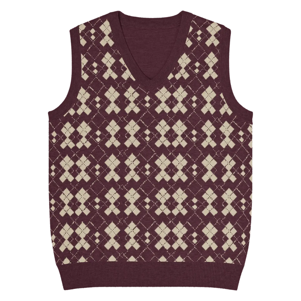 Knit V-Neck Vest - Classic Argyle Check Retro Style - DipaliZ