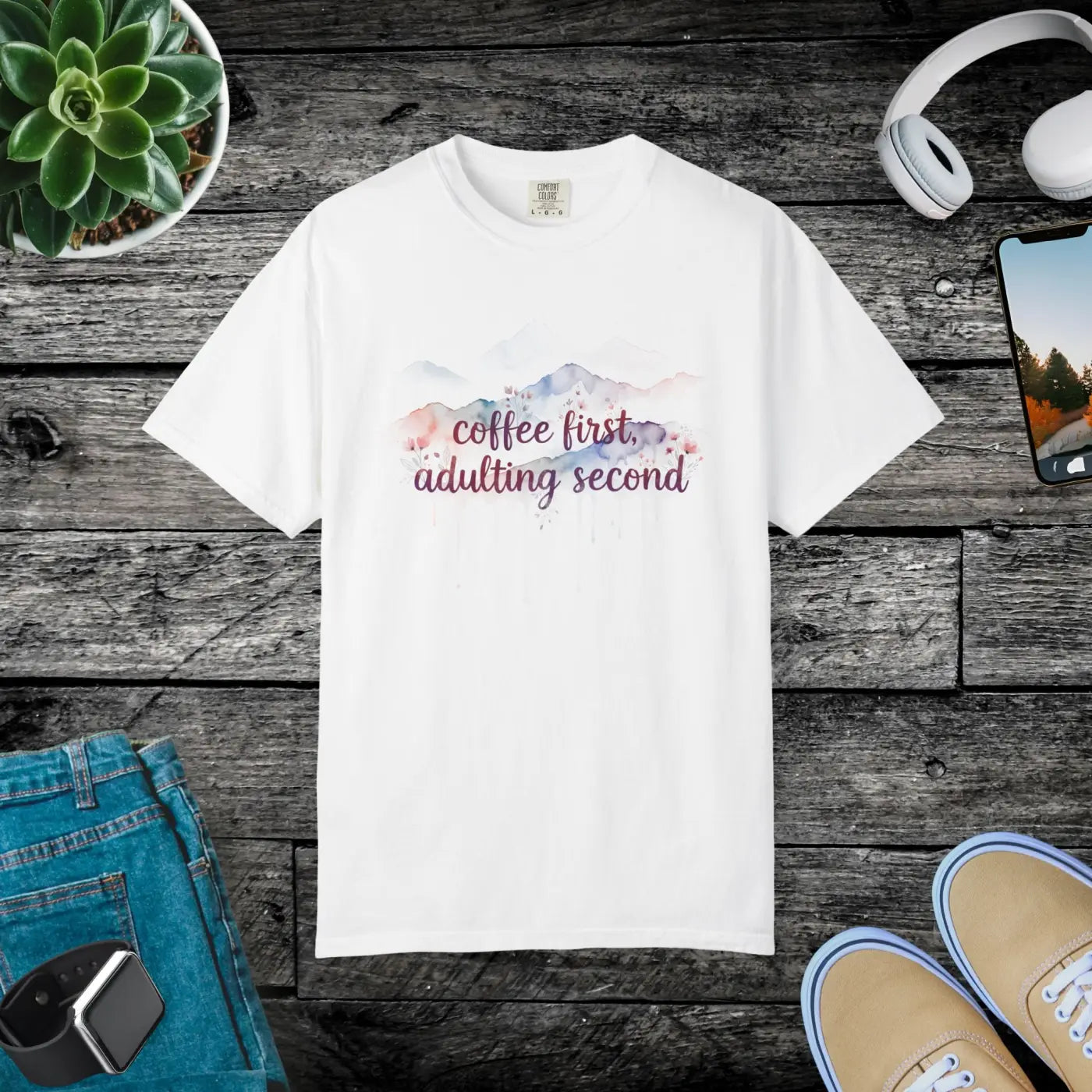 Mountain Coffee Watercolor Tee - Funny Morning Mood - DipaliZ