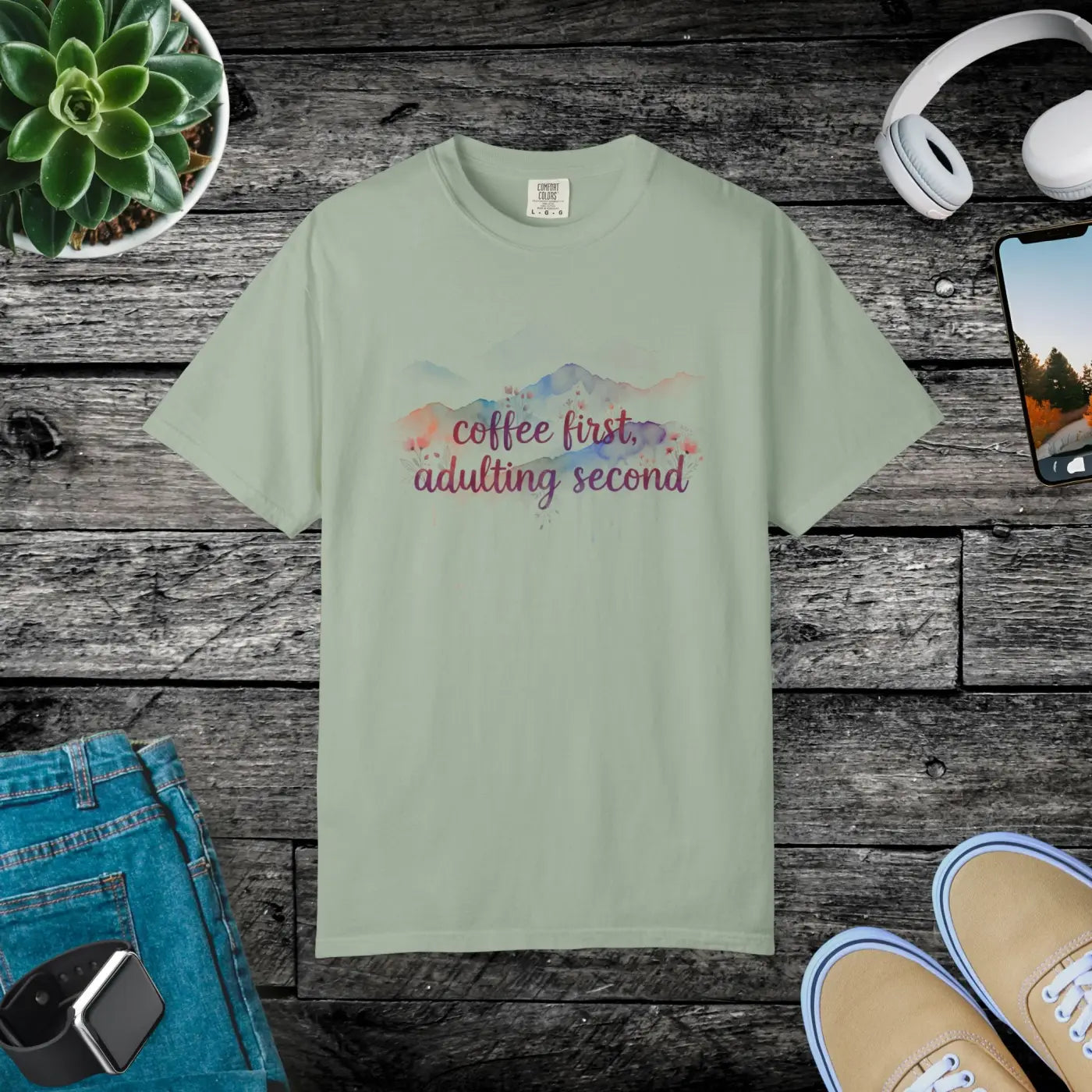 Mountain Coffee Watercolor Tee - Funny Morning Mood - DipaliZ