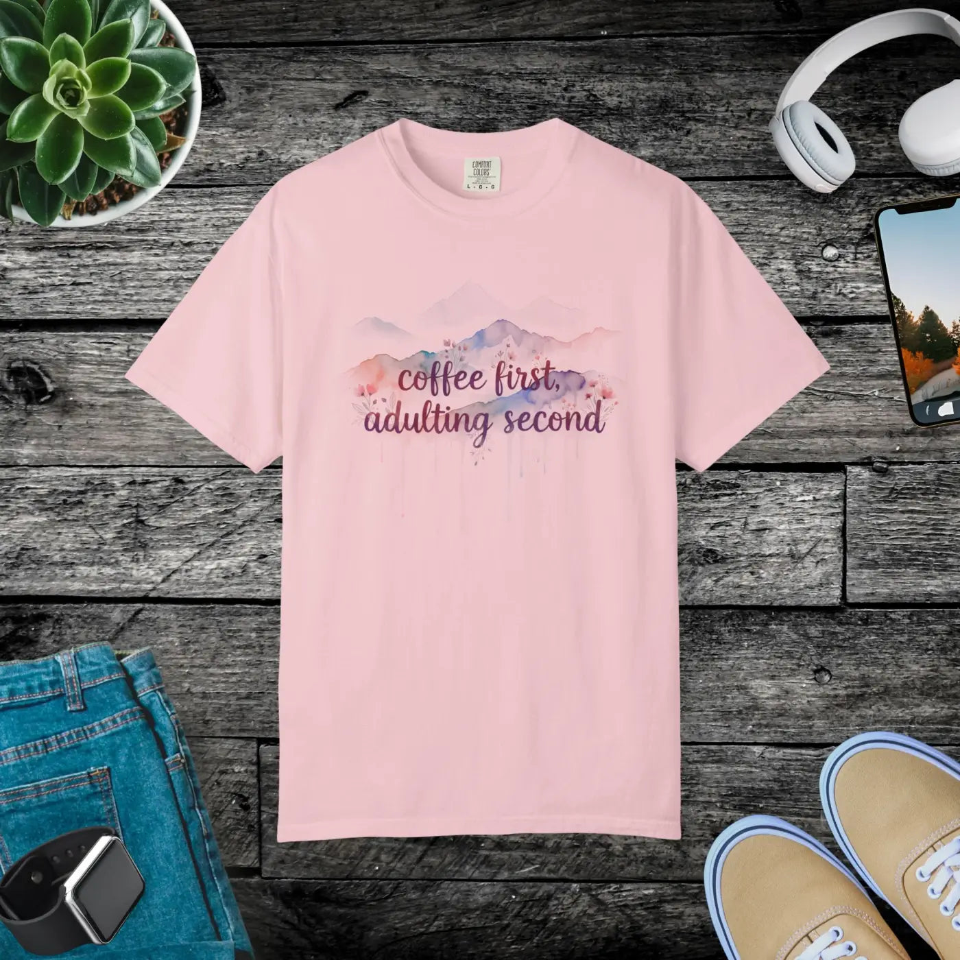 Mountain Coffee Watercolor Tee - Funny Morning Mood - DipaliZ