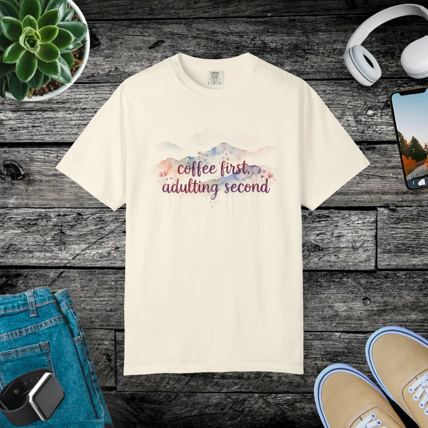 Mountain Coffee Watercolor Tee - Funny Morning Mood - DipaliZ