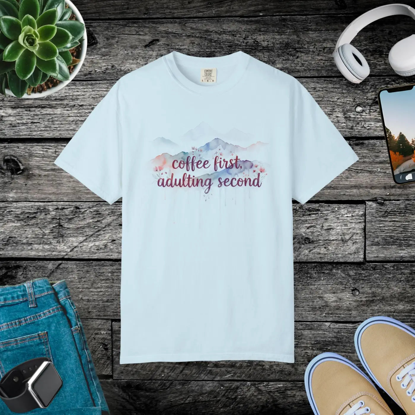 Mountain Coffee Watercolor Tee - Funny Morning Mood - DipaliZ