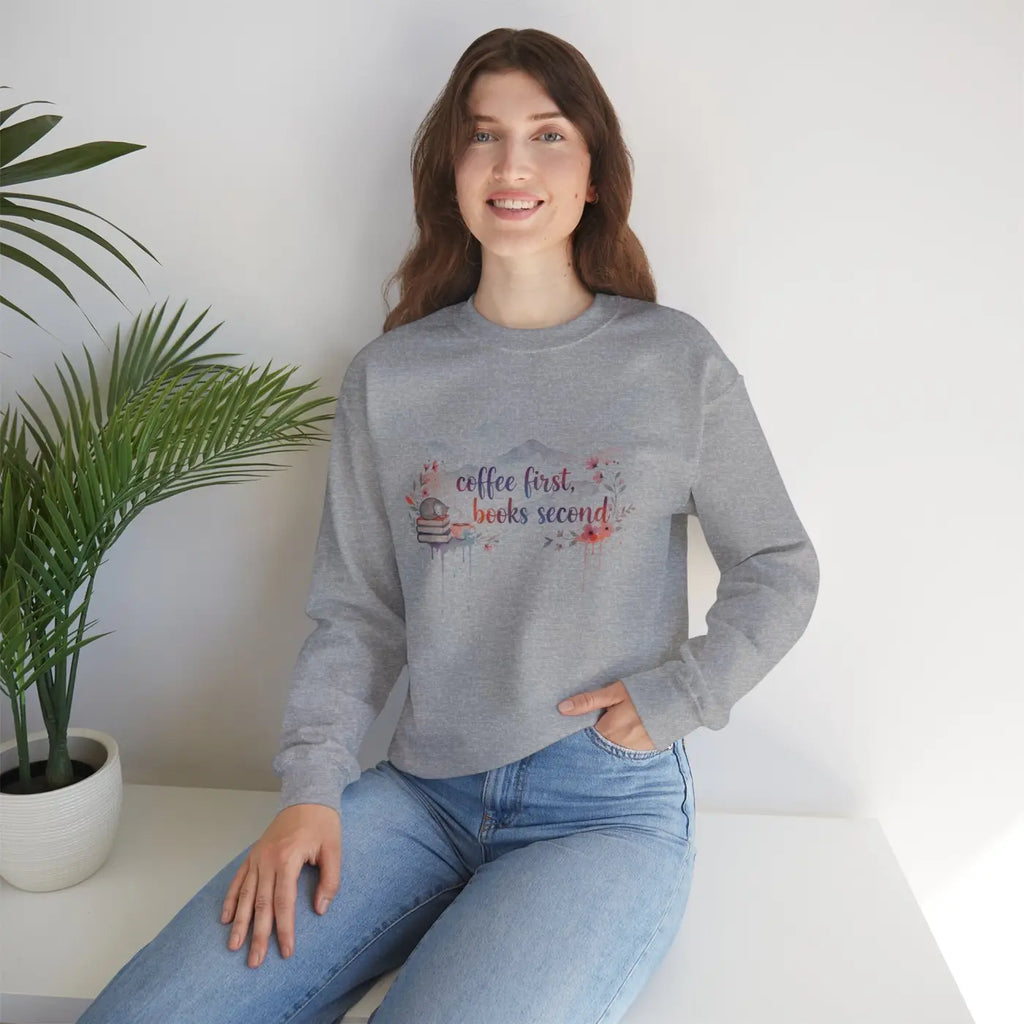 Coffee First Books Second Sweatshirt - Cozy Reader Crewneck - DipaliZ