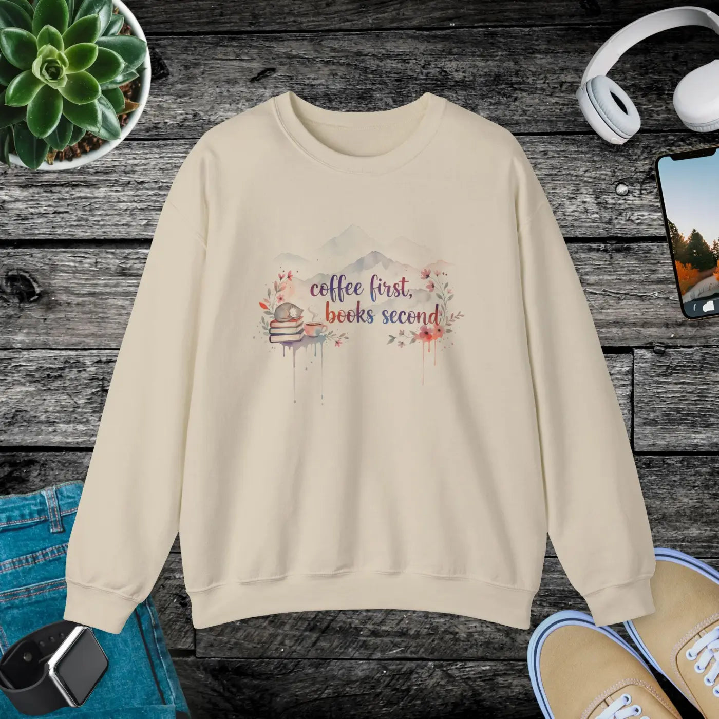Coffee First Books Second Sweatshirt - Cozy Reader Crewneck - DipaliZ