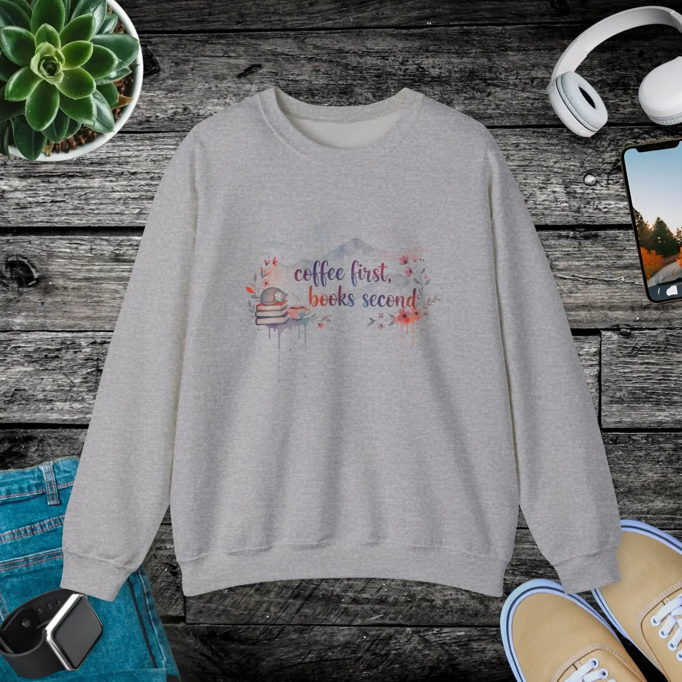 Coffee First Books Second Sweatshirt - Cozy Reader Crewneck - DipaliZ