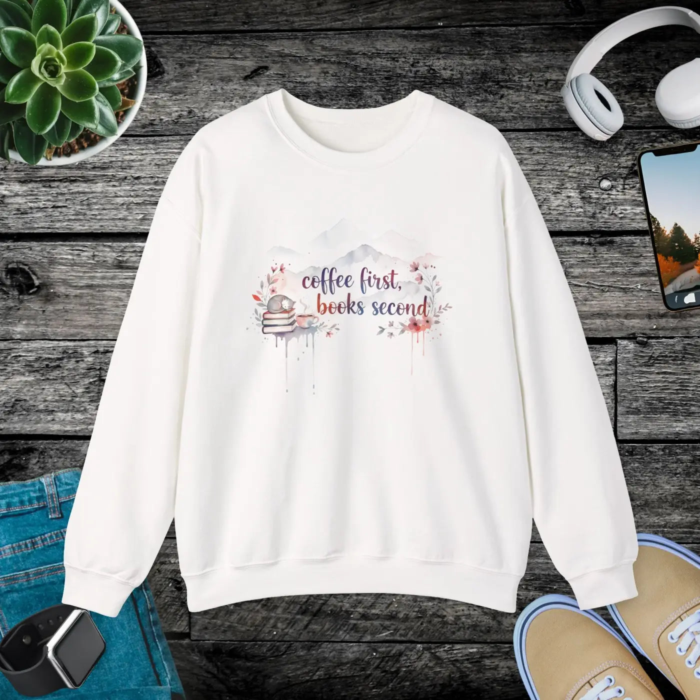 Coffee First Books Second Sweatshirt - Cozy Reader Crewneck - DipaliZ