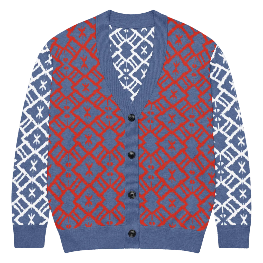 Burgundy Blue Patterned Sleeve Cardigan - Color Block Style - DipaliZ