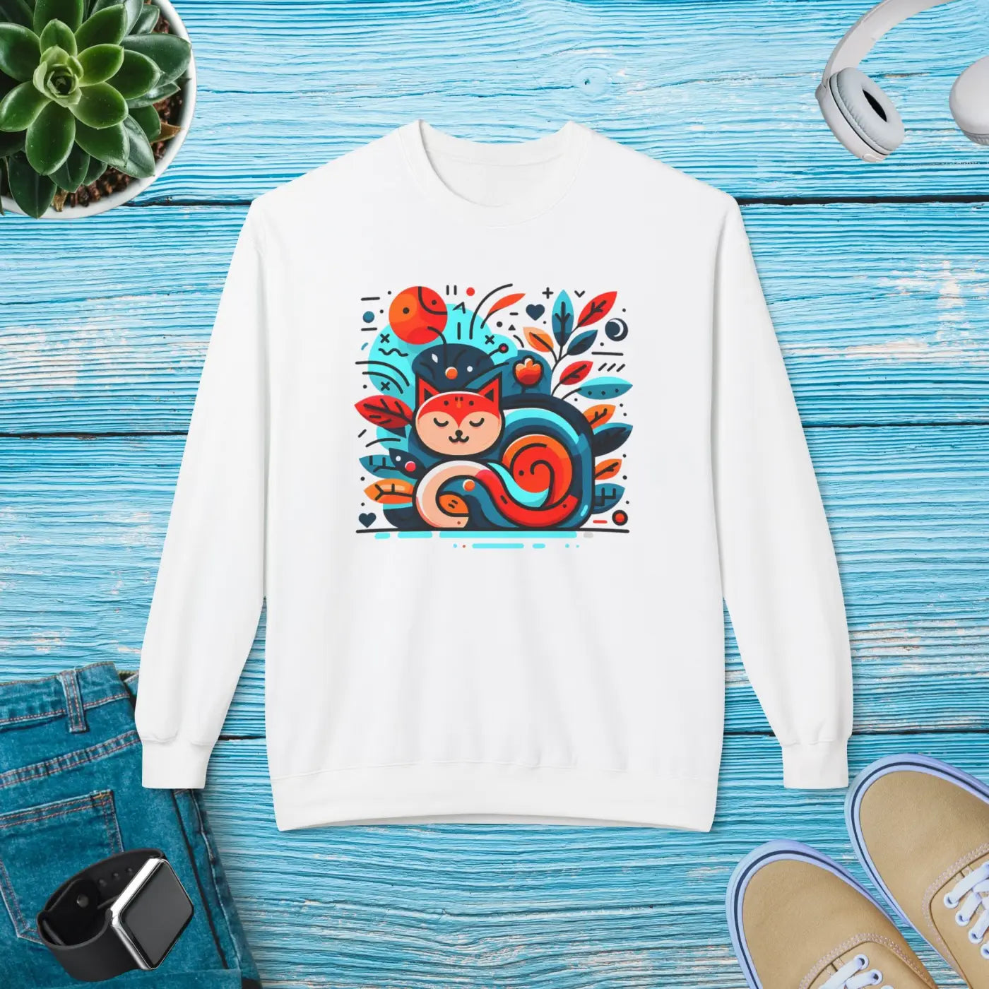 Colorful Cat Softstyle Fleece Sweatshirt - Cozy Vibrance - DipaliZ