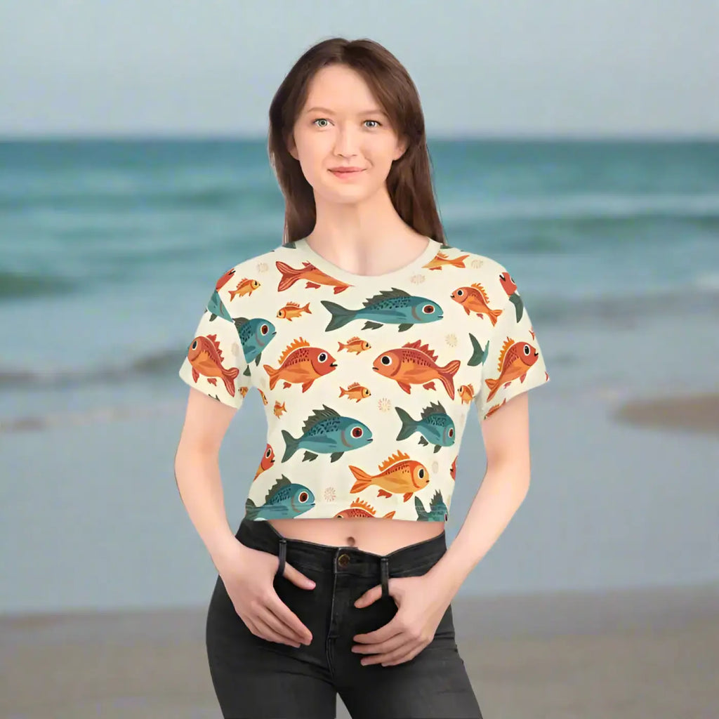 Colorful Fishes Print Crop Tee - Trendy Fashion - DipaliZ