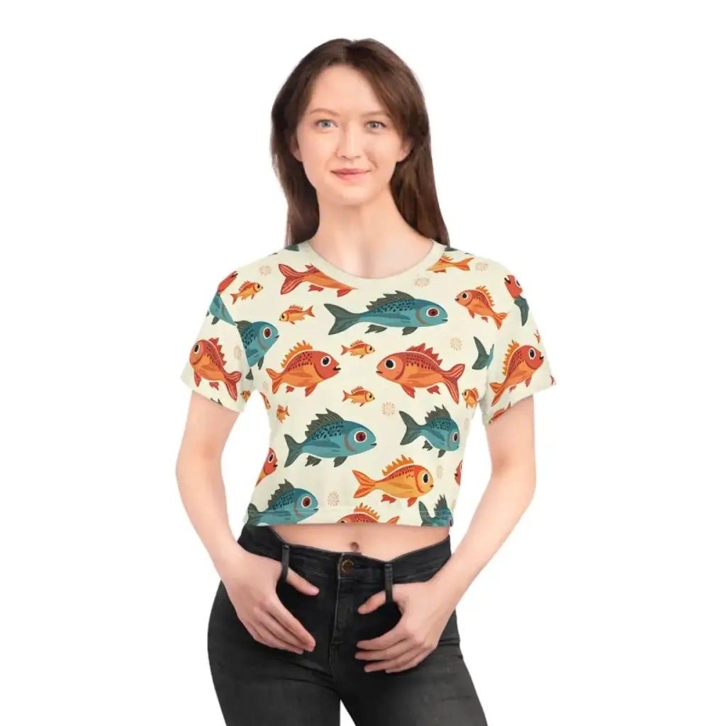 Colorful Fishes Print Crop Tee - Trendy Fashion - DipaliZ