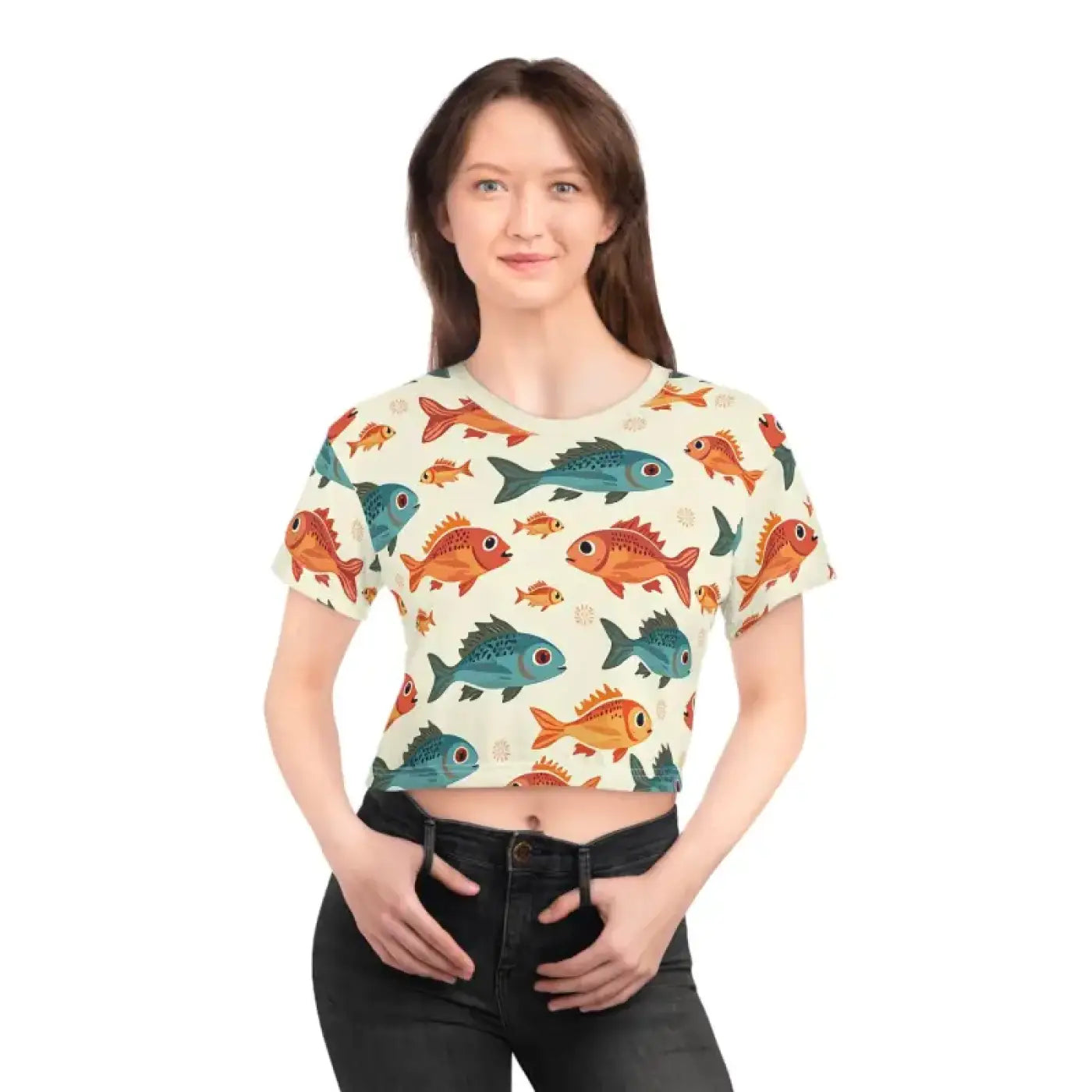 Colorful Fishes Print Crop Tee - Trendy Fashion - DipaliZ