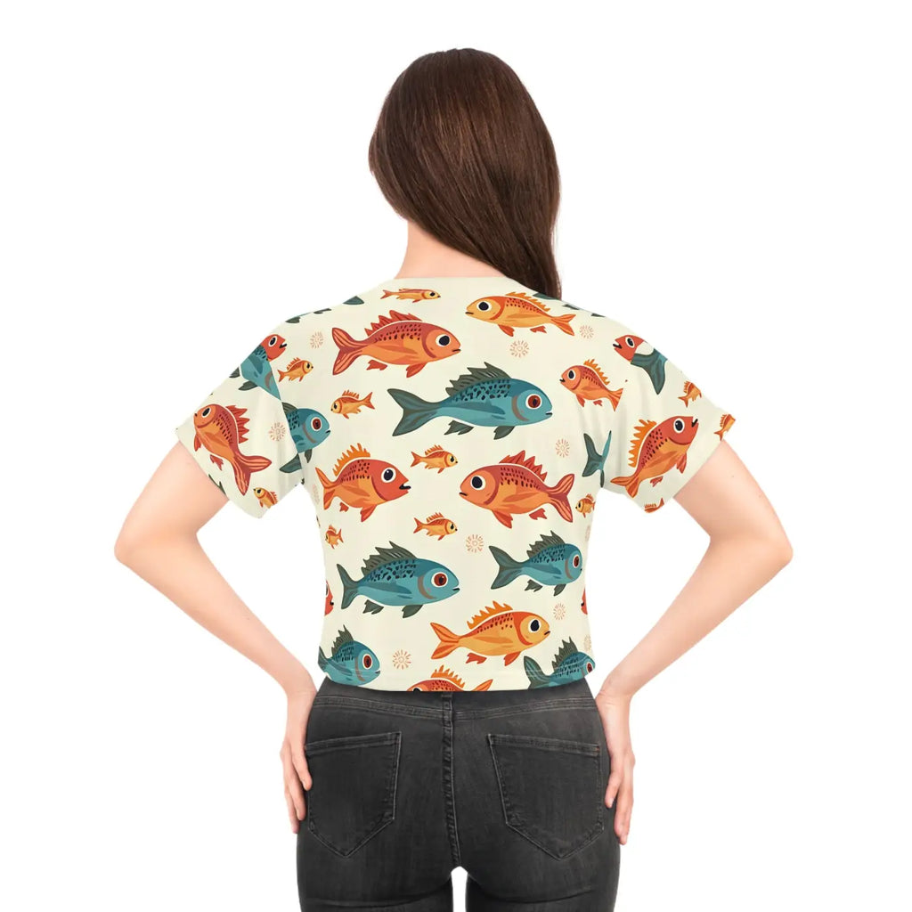Colorful Fishes Print Crop Tee - Trendy Fashion - DipaliZ