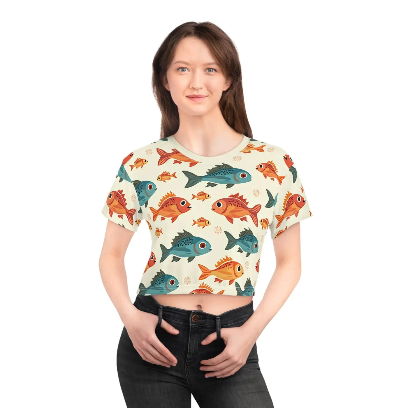 Colorful Fishes Print Crop Tee - Trendy Fashion - DipaliZ
