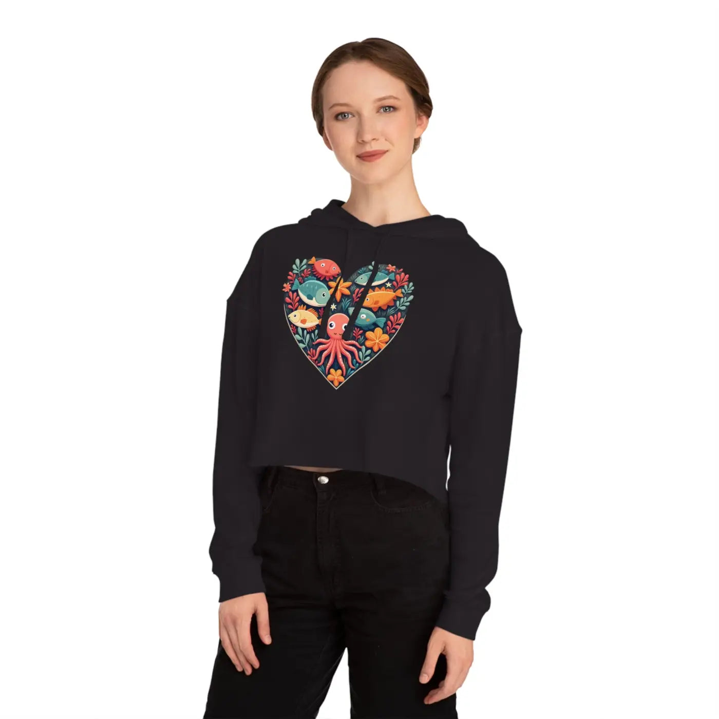 Colorful Heart Fishes Cropped Hoodie - Vibrant Print - DipaliZ