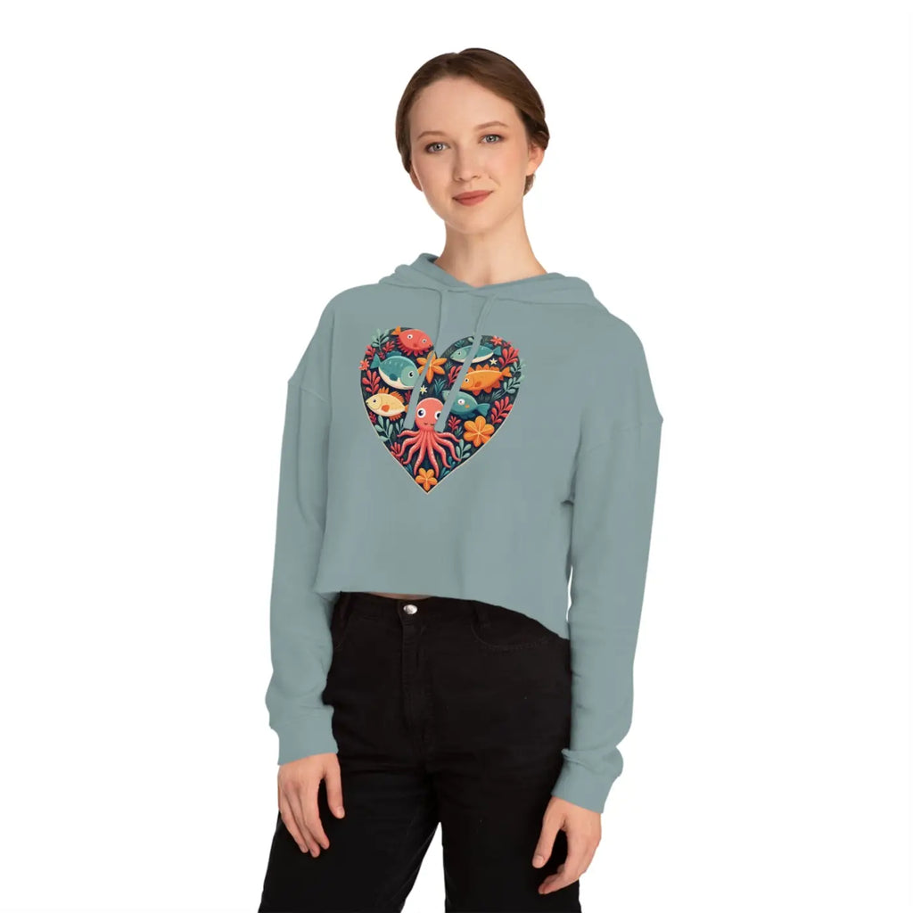 Colorful Heart Fishes Cropped Hoodie - Vibrant Print - DipaliZ