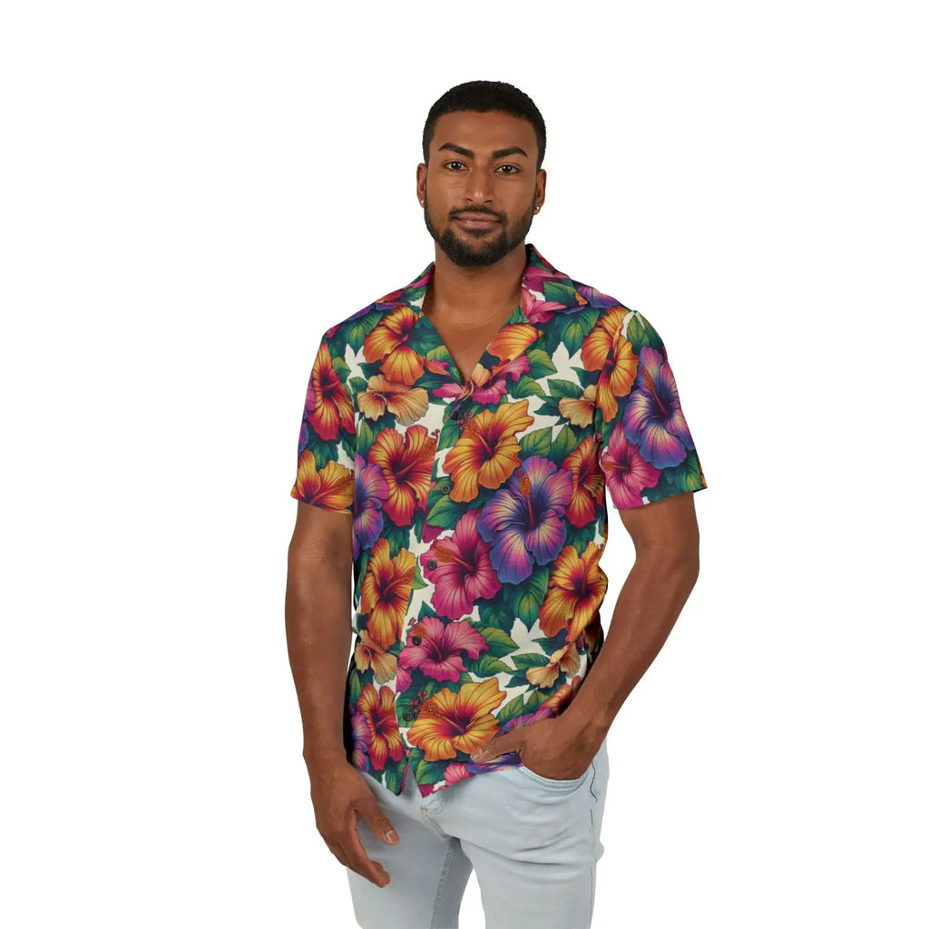 Hawaiian Camp Shirt - Vibrant Hibiscus Flowers - DipaliZ