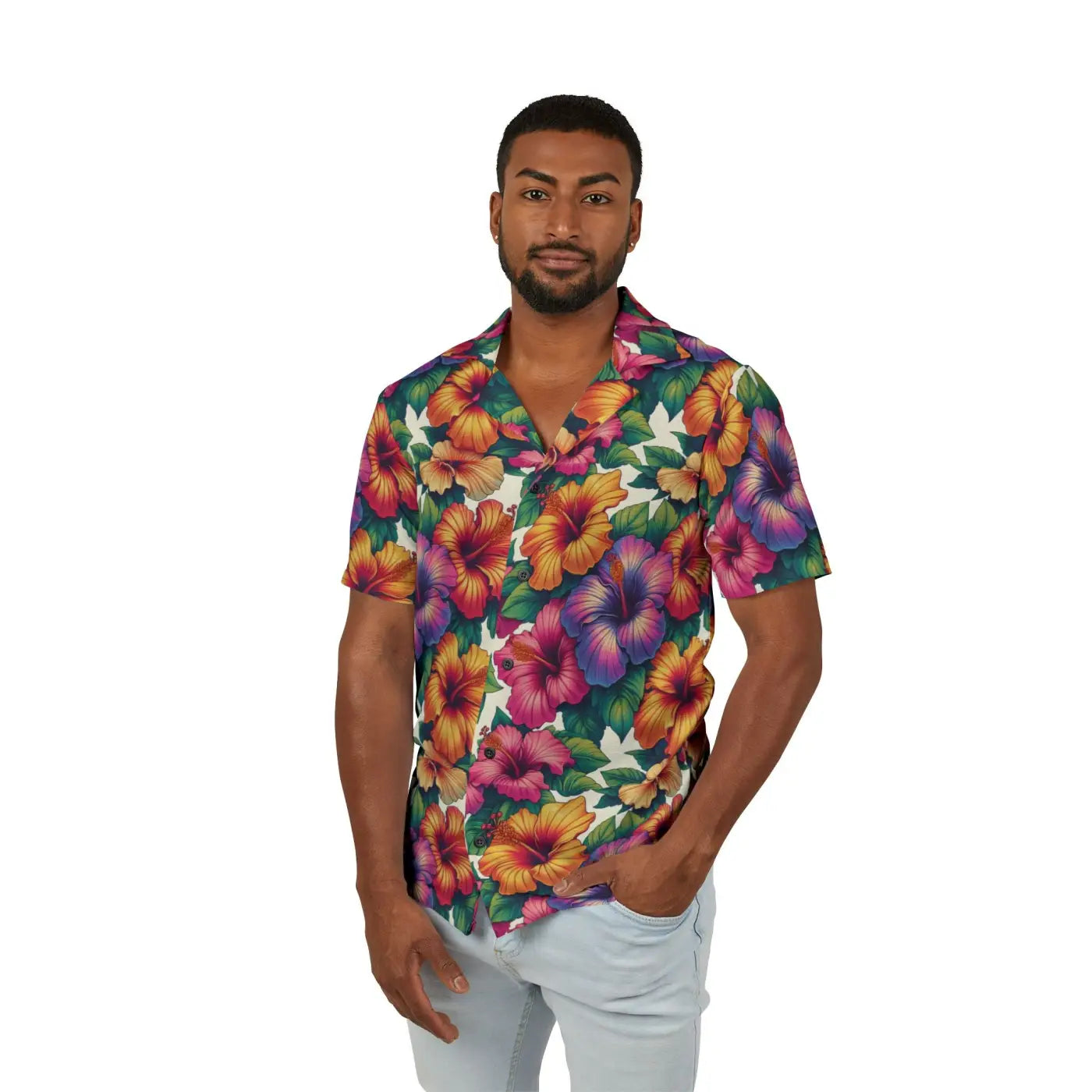 Hawaiian Camp Shirt - Vibrant Hibiscus Flowers - DipaliZ