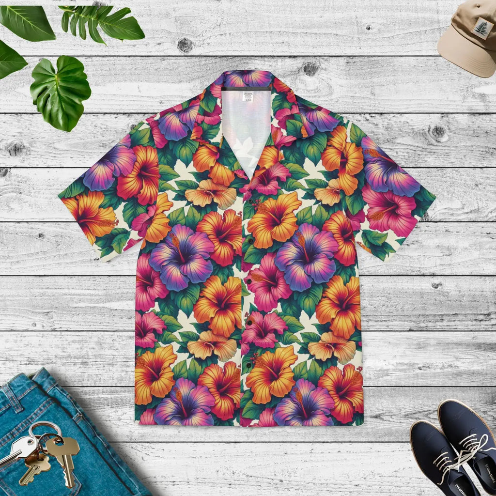 Hawaiian Camp Shirt - Vibrant Hibiscus Flowers - DipaliZ