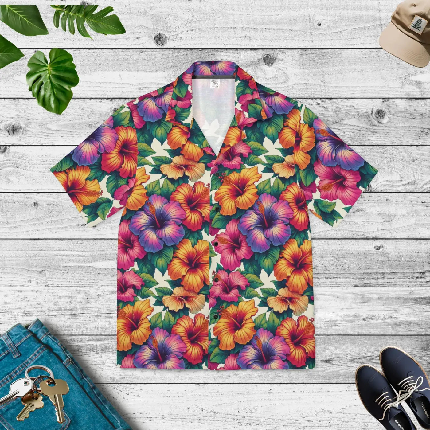 Hawaiian Camp Shirt - Vibrant Hibiscus Flowers - DipaliZ