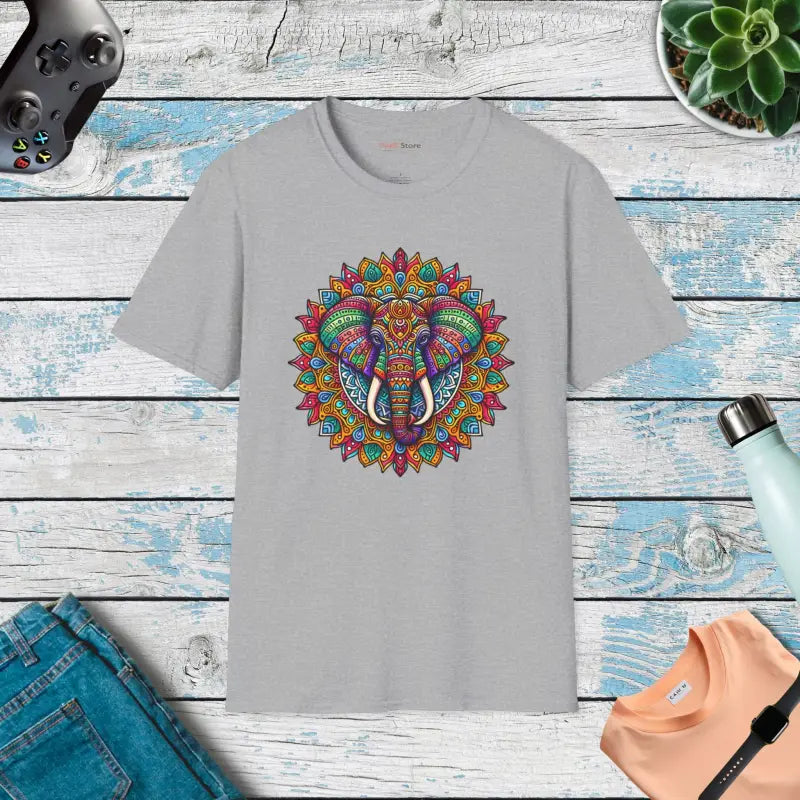 Colorful Mandal Art Softstyle T Shirt - Bold Elephant Design - DipaliZ