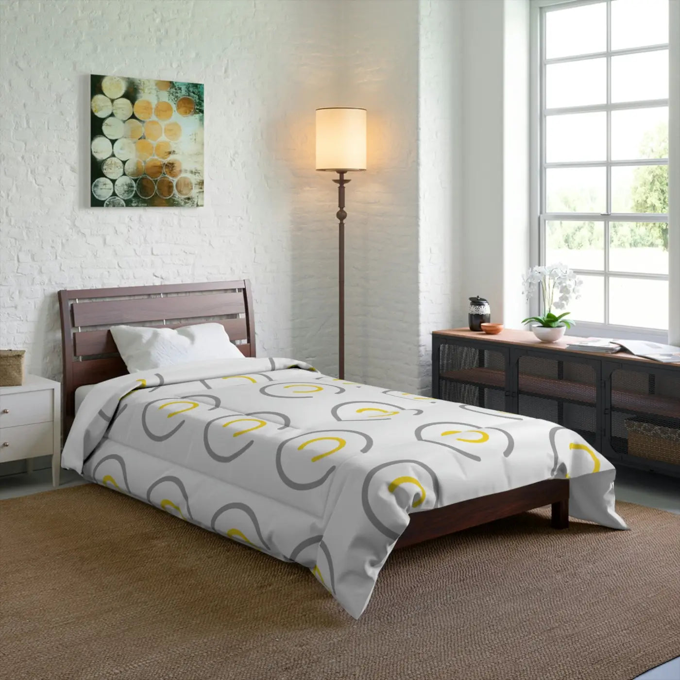 Modern Abstract Circle Comforter - Grey and Yellow - DipaliZ